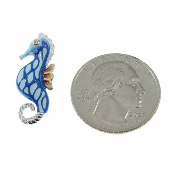 Solid 925 Sterling Silver & Blue and White Enamel Seahorse Slide Pendant - Picture 6 of 8